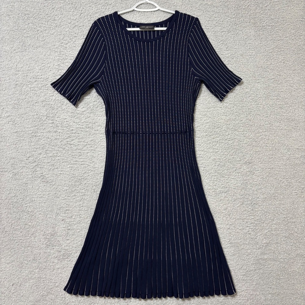Lane Bryant Ribbed Knit Fit & Flare Sweater Dress Navy Stripe Plus Size 18/20
